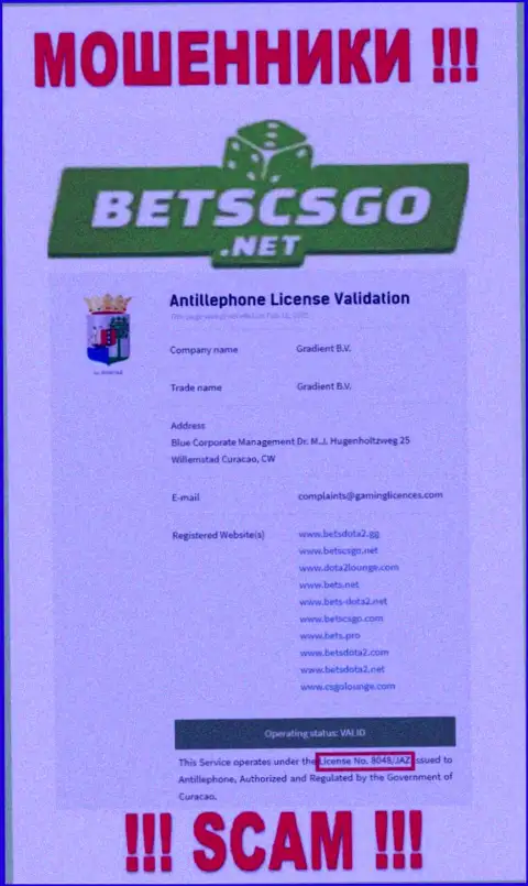 На веб-сайте махинаторов BetsCSGO хоть и показана их лицензия, однако они в любом случае МОШЕННИКИ