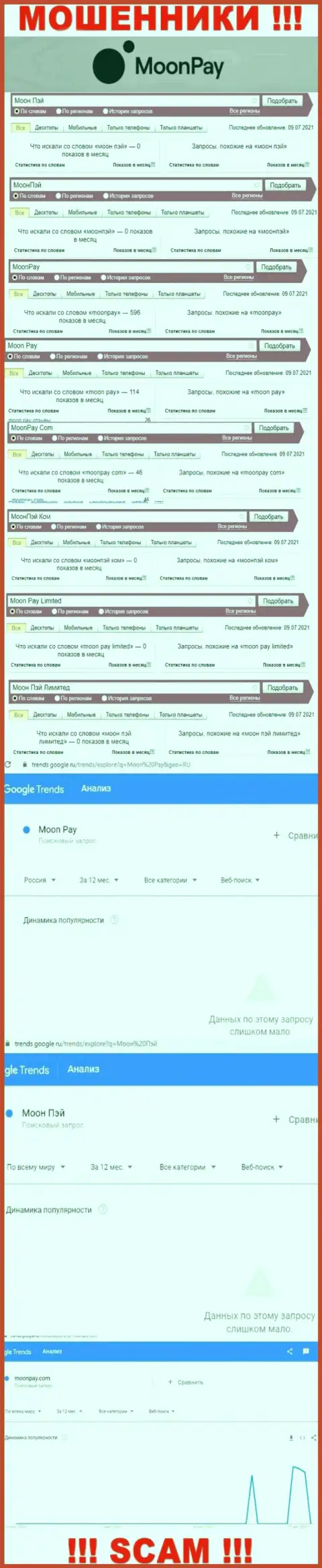 Статистические сведения брендовых онлайн-запросов по неправомерно действующей конторе Моон Пэй