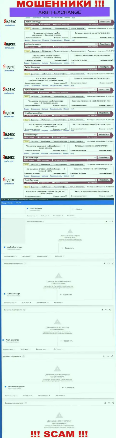 Статистические показатели поиска информации о internet-мошенниках Arbit-Exchange