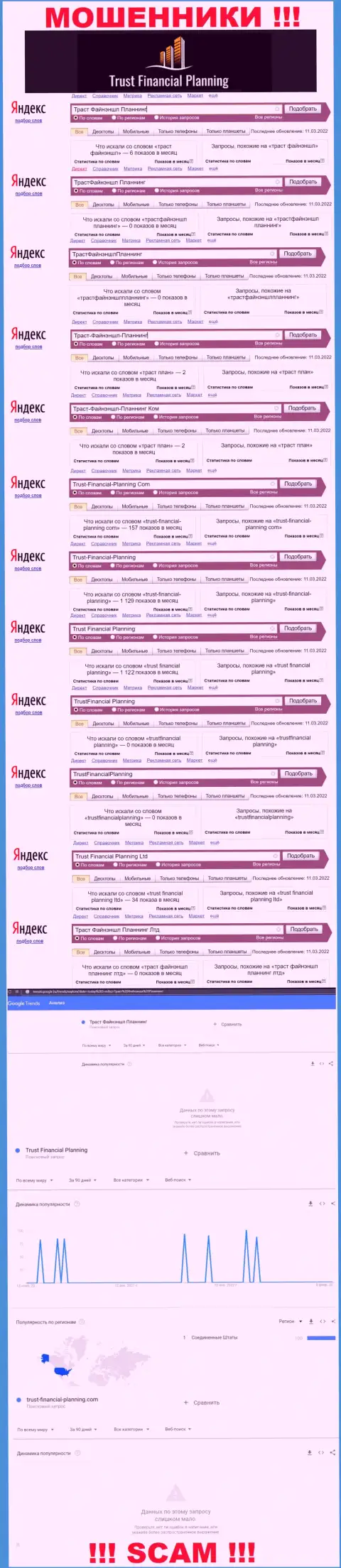 Статистические показатели запросов по компании ТрастФайнэншлПланнинг, будьте осторожны, МОШЕННИКИ