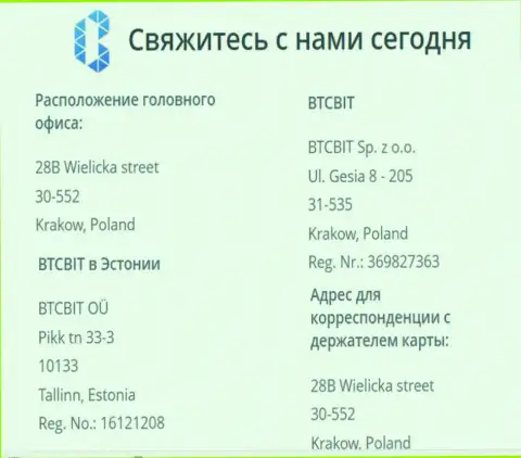 Юридический адрес онлайн обменки БТКБит и расположение представительства криптовалютного интернет-обменника в Эстонии