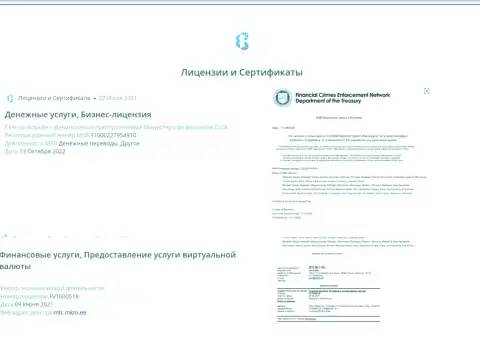 Сертификаты и лицензионные документы, имеющиеся у криптовалютного интернет-обменника BTCBit Net